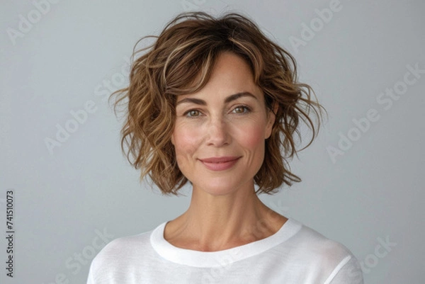 Fototapeta Happy attractive confident European woman of middle age posing for beauty portrait. Beautiful mid aged mature lady smiling on background, attractive female model looking at camera. Close up face .