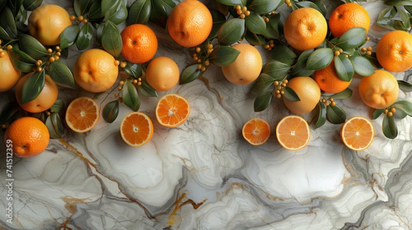 Fototapeta oranges and tangerines on marble kitchen counter