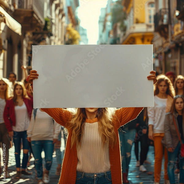 Obraz Women protesting with blank billboard, mockup message board