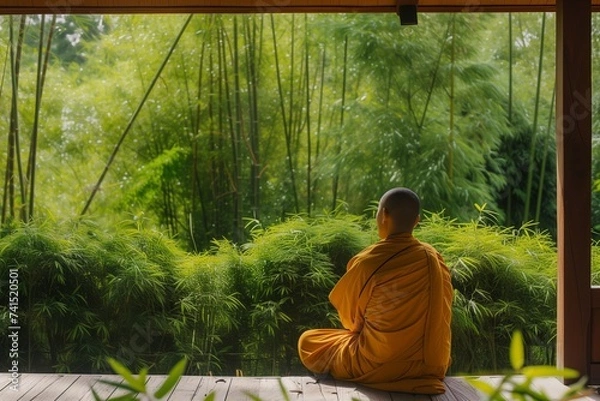 Fototapeta monk in a bamboo grove sitting on a wooden platform, facing the greenery
