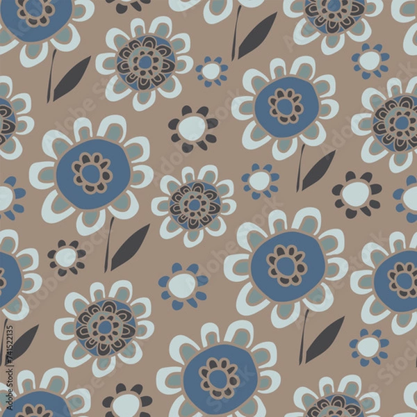 Fototapeta Seamless vector pattern with hand drawn sunflowers on grey background. Simple artistic flower meadow wallpaper design. Decorative floral fashion textile.