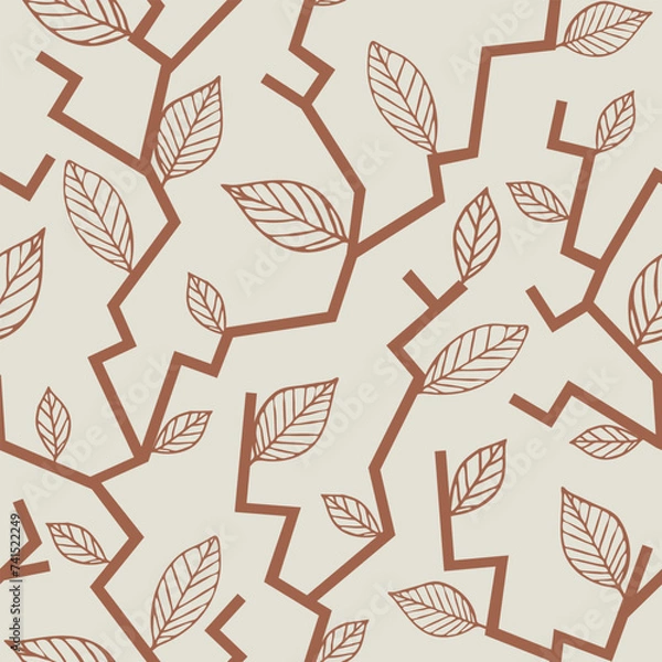 Fototapeta Seamless vector pattern with artistic tree trunk on cream white background. Simple forest leaf wallpaper design. Decorative zigzag branch fashion textile.