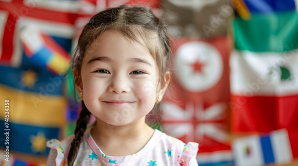 Fototapeta Little children during lesson at language school: emotional happy face of a little girl studying a foreign language against the background of flags of different countries, Education concept