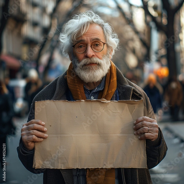 Obraz Old man holding mockup billboard during, protest