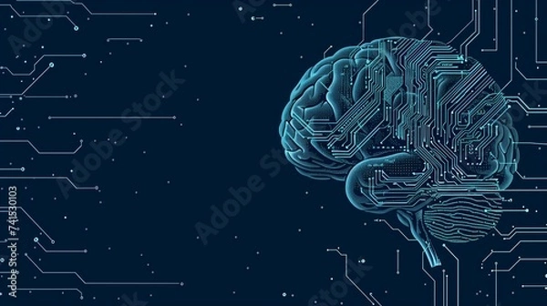 Obraz Digital brain background with space for text. Circuit board brains, AI and technology concept, blue neural connection lines and glowing dots