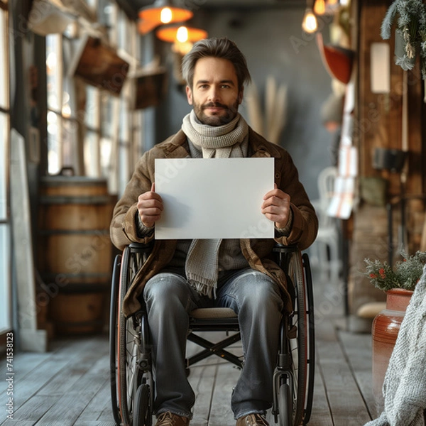 Obraz Disabled person in wheelchair holding mockup billboard for protest