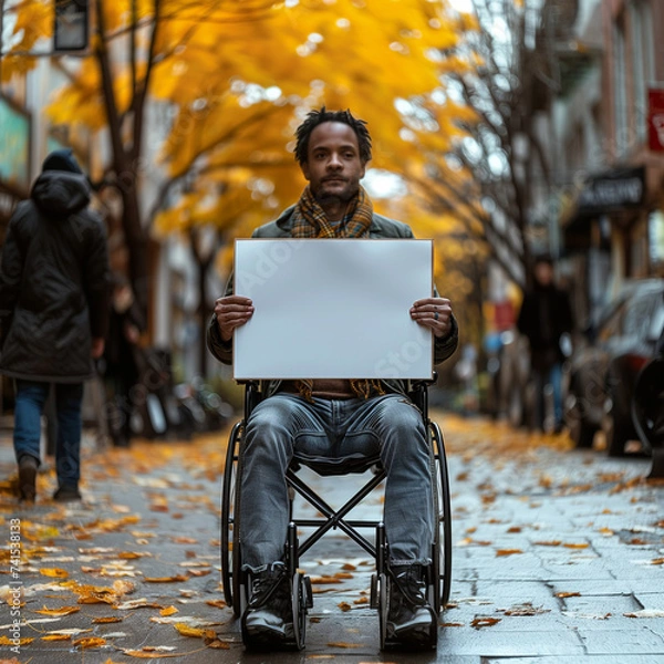 Obraz Disabled person in wheelchair holding mockup billboard for protest