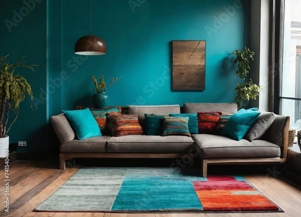 Fototapeta modern lounge with multi colour rug, teal cushions and wooden floor. 