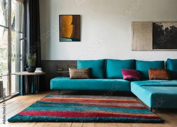 Fototapeta modern lounge with multi colour rug, teal cushions and wooden floor. 