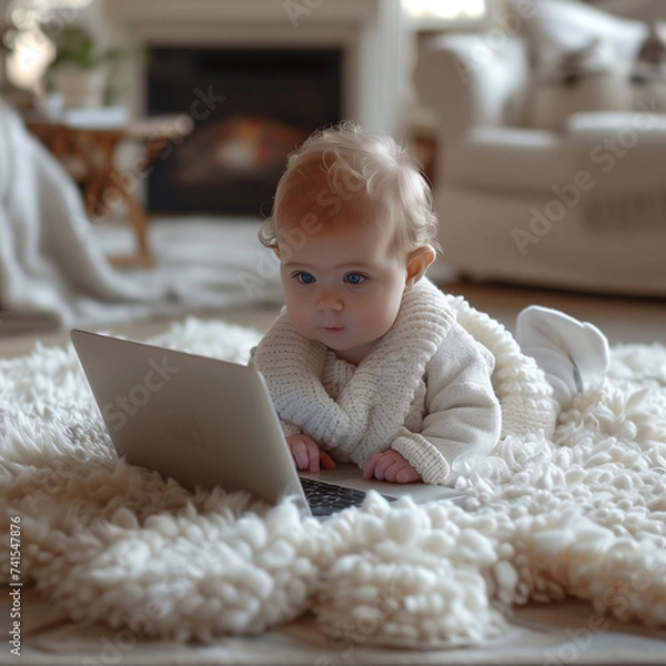 Obraz Newborn baby using new technology and social media