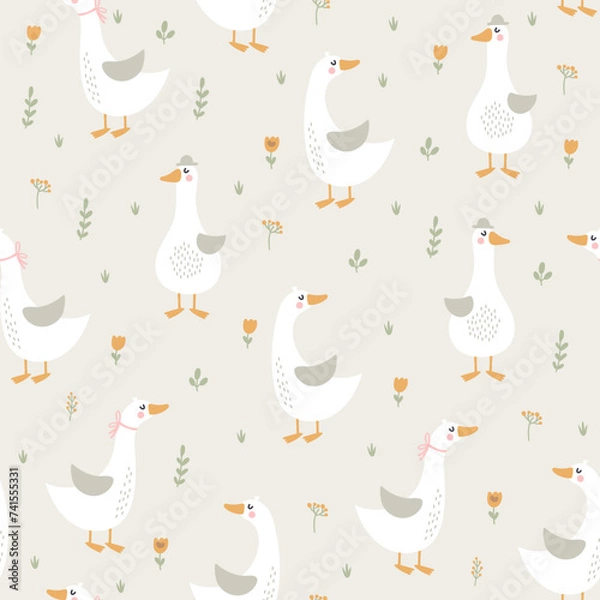 Fototapeta Seamless pattern with geese and flowers. Vector illustration