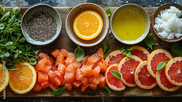 Fototapeta salmon and vegetables and fruits on the wooden kitchen counter table