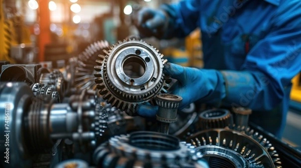 Fototapeta Mechanic engineers meticulously assemble automotive gear spare parts, guaranteeing precision across four distinct sets for optimal performance