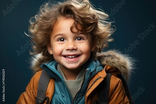 Fototapeta With boundless enthusiasm, a smiling little bot wearing a backpack stands out against a blue backdrop, capturing the essence of the first day back to school