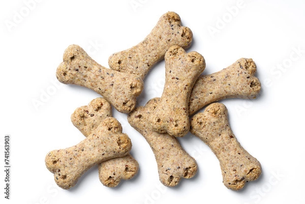 Fototapeta Top view of group of crunchy bone shaped dog biscuit set isolated on white background