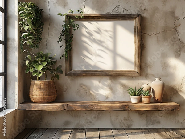 Obraz Mockup with a wooden shelf and picture frame on a wall