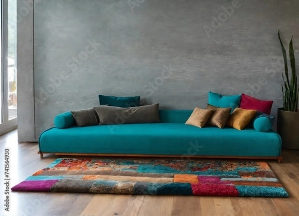 Fototapeta modern lounge with multi colour rug, teal cushions and wooden floor. 