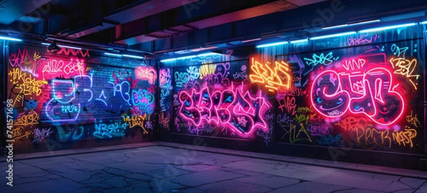 Obraz A vibrant display of graffiti art illuminated by neon lights, showcasing a mix of colorful tags and designs, embodying the essence of urban street vibes.