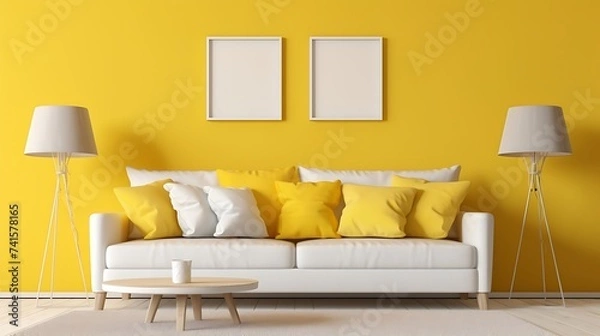 Fototapeta Beige sofa with yellow pillows and two side tables with lamps against vibrant yellow wall with poster frame
