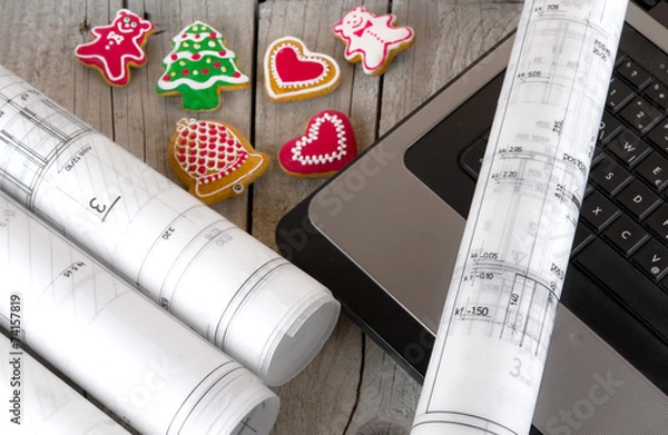 Fototapeta architect blueprints project and christmas gingerbread