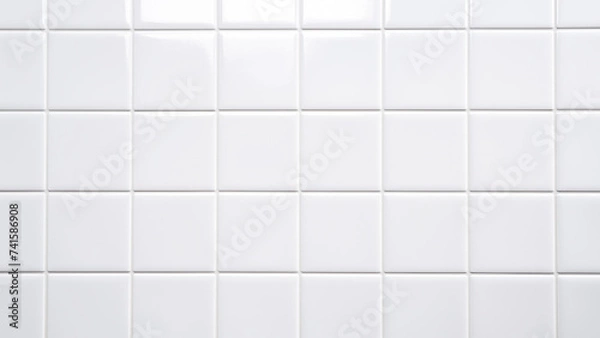 Fototapeta White rectangle mosaic tiles texture background. Classic white metro tile. Long wide picture.