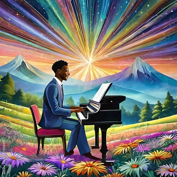 Fototapeta piano player on a suit playing at the colourful psychodelic mountains 