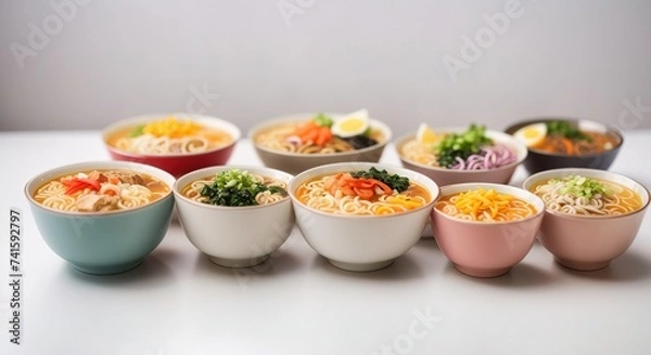 Fototapeta Ramen in a neat row on a white background
