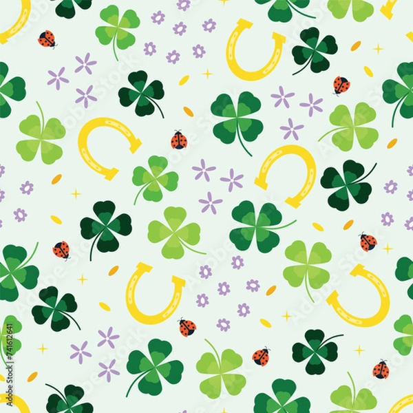 Fototapeta Saint Patrick's Day seamless background. Seamless pattern with four leaf clover, horseshoe and spring flowers.