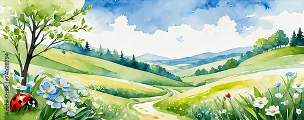 Obraz Landscape with green grass and blue sky. Illustration in watercolor style.