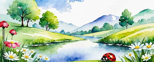 Obraz Spring landscape with flowers, trees and a ladybug. Watercolor style riverside illustration.