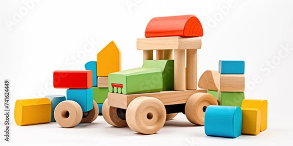 Fototapeta Wooden toys train, car, cubes, pyramid, constructor, blocks. Early development, play, learning. Children's room, nursery, playroom backdrop.