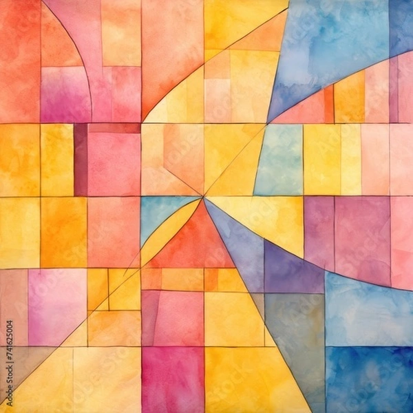 Fototapeta A painting showcasing a colorful abstract design with a mix of vibrant hues in varied shapes and patterns, creating a dynamic and lively composition.
