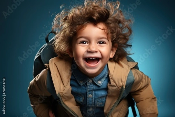 Fototapeta In a scene filled with excitement, a smiling little bot carries a backpack against a blue isolated background, symbolizing the anticipation of embarking on a new academic journey