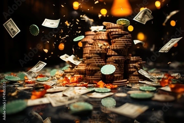 Fototapeta In a whirlwind of action, chips and money soar through the air in a casino, embodying the fast-paced and dynamic atmosphere of gaming