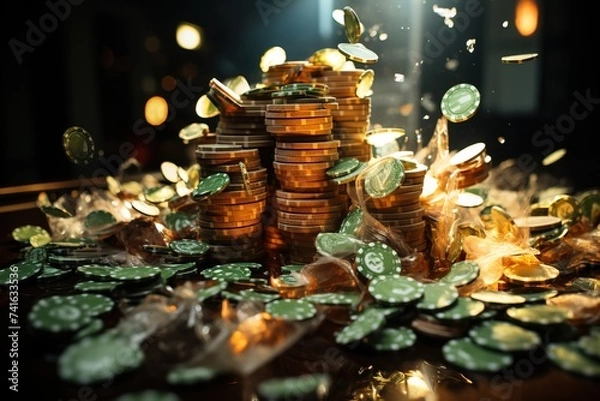 Fototapeta In a whirlwind of action, chips and money soar through the air in a casino, embodying the fast-paced and dynamic atmosphere of gaming