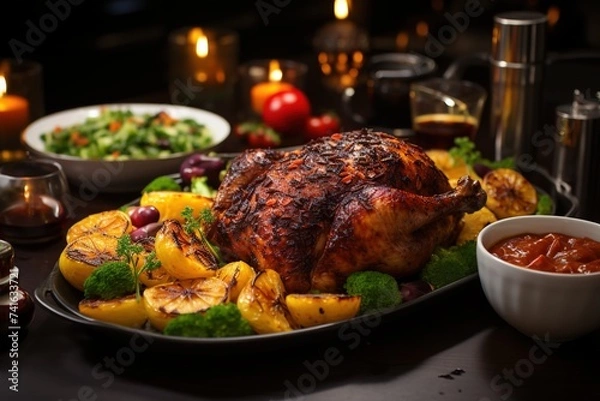 Fototapeta A grand dinner table is set with precision and care, offering guests an opulent spread to enjoy as they come together in celebration of a special milestone or achievement