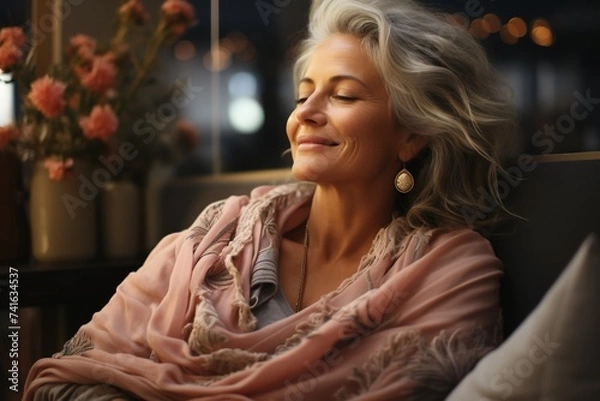 Fototapeta With a serene smile on her face, a senior woman awakens to greet the day with happiness and positivity, embodying the essence of old people's joy and contentment