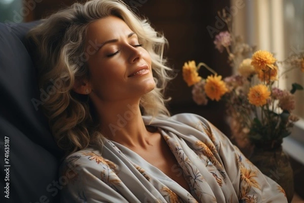 Fototapeta A portrait of pure joy captures the essence of a senior woman waking up with a smile, radiating happiness and positivity as she embraces the dawn of a new day