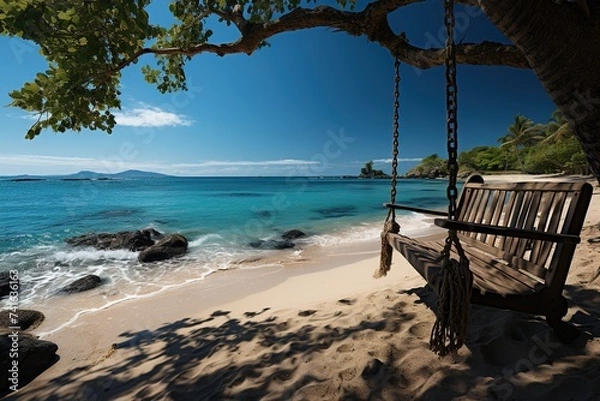 Fototapeta As the sun dips below the horizon, a panoramic scene of a tropical beach unfolds, showcasing a hanging swinging chair swaying gently in the evening breeze, creating a peaceful and inviting ambiance