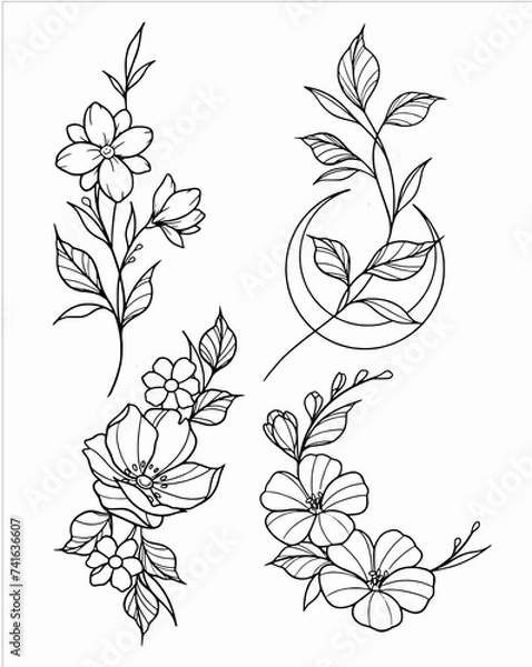 Fototapeta set of black and white flowers outline Vector SVG