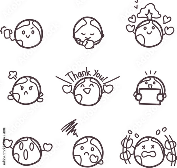 Obraz シンプルにデフォルメした地球のキャラクターが色々な表情をしているイラストセット