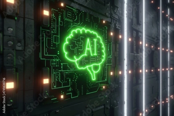 Fototapeta AI Brain Chip acetylcholine. Artificial Intelligence excitatory synapses human sight mind circuit board. Neuronal network far sighted smart computer processor server maintenance