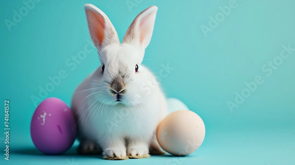 Fototapeta Easter Eggs with white bunny on pastel background