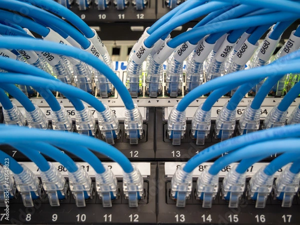 Obraz Network server room with cable cables patch panel 