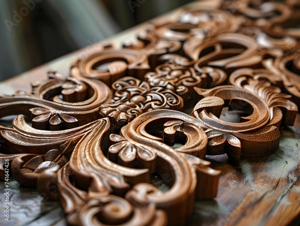 Fototapeta Handcrafted Symmetrical Wood Carving Close-Up with Intricate Details and Warm Tones - Rustic Artisan Craftsmanship, Concept of Traditional Skill and Homely Nostalgia