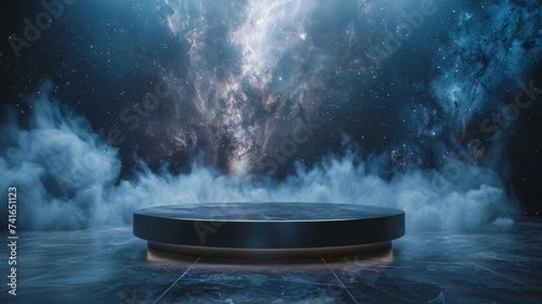Obraz Empty podium with gradient neon light on background with night starry landscape.