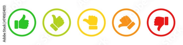 Fototapeta Rating and feedback scale with thumb symbol in green, yellow and red color outline. Excellent, good, average, poor, bad rating thumb icon set. Satisfied, unsatisfied, neutral survey icon set.