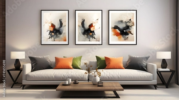 Fototapeta Abstract artwork framed in sleek black frames, creating a focal point in a contemporary living room's design.