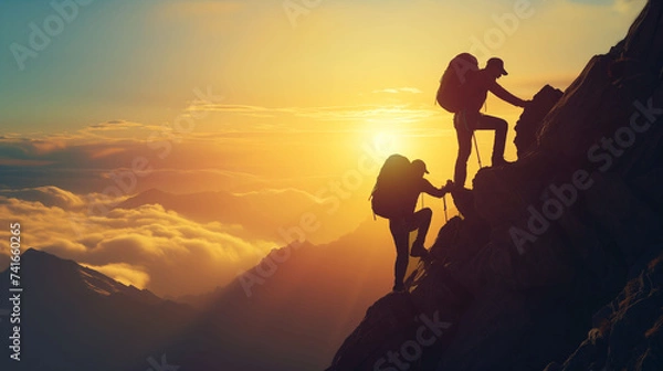 Fototapeta Two hikers climbing a rocky mountain as the sun rises, illuminating a sea of clouds..