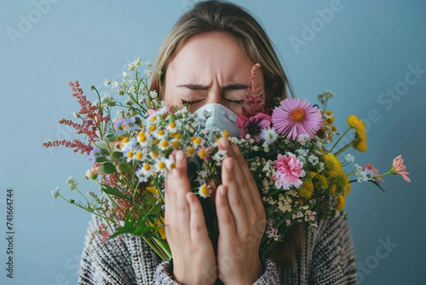Obraz A girl sneezes from an allergy to flowers, spring flower aromas causing allergies